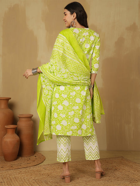 Women Green Cotton Printed Kurta with Trouser & Dupatta