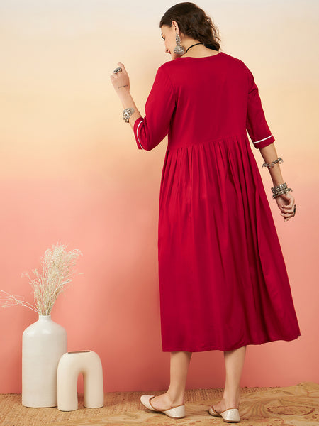 Women Red Yoke Deisgn A_Line Dress