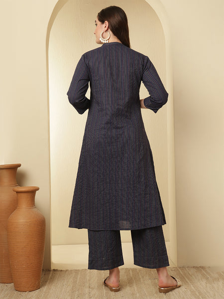 Blue Katha Striped Printed A-line Kurta with Trouser