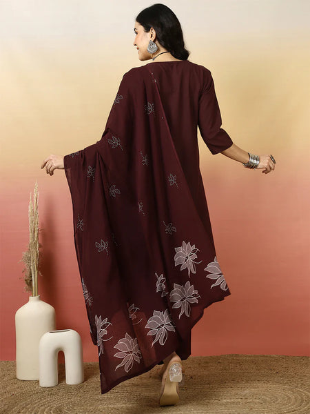 Women Cotton Discharge Printed A-line Kurta with Trouser & Dupatta