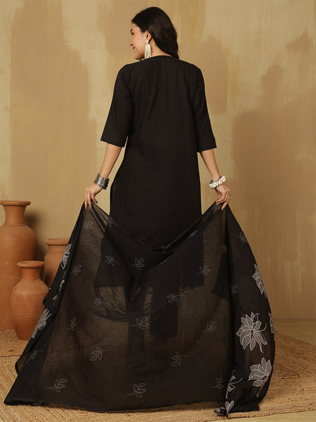 Women Cotton Discharge Printed A-line Kurta with Trouser & Dupatta