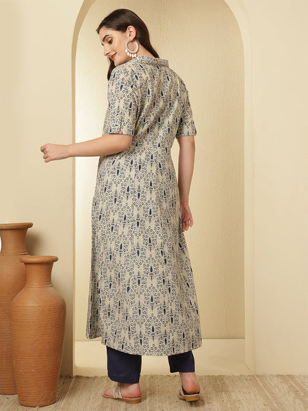 Blue & White Floral Printed Anarkali Kurta with Trouser
