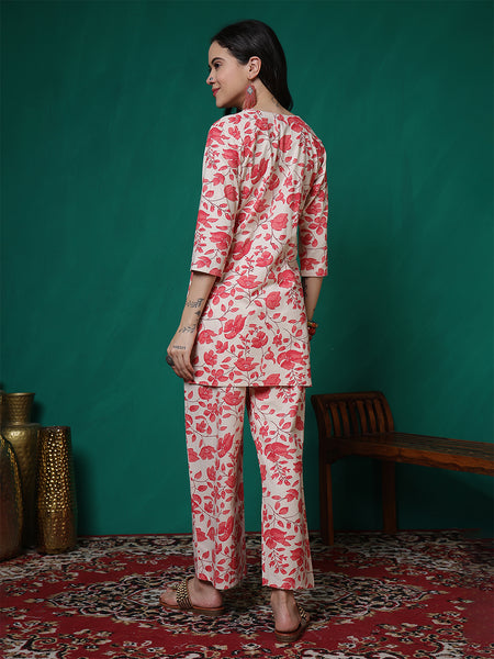 Women Pink Cotton Flex Printed Top with Trouser Co-ord Set