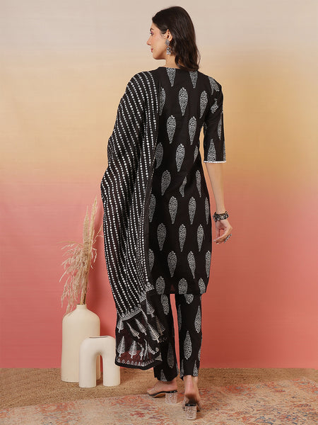 Women Black Regular wear Kurta with Trouser & Dupatta