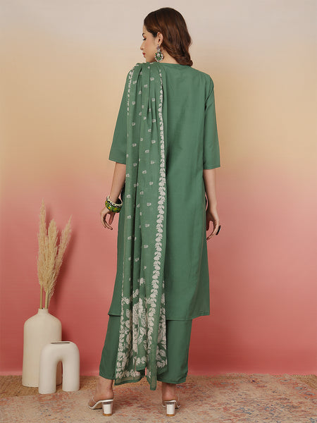 Women Green Cotton Discharge Printed A-line Kurta With Dupatta