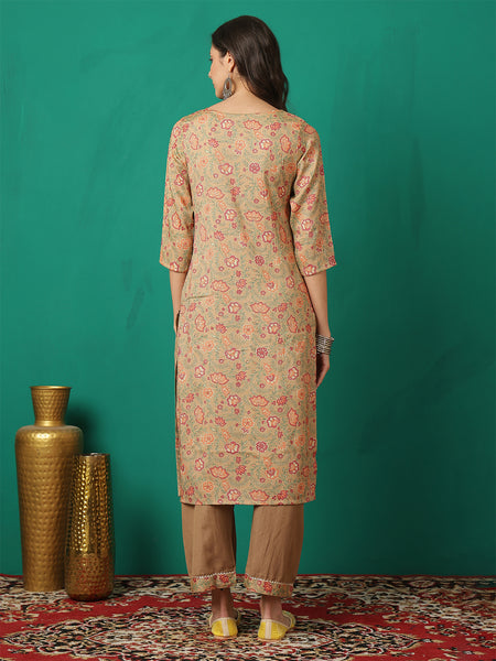 Women Brown Viscose Rayon Printed Straight Kurta with Trouser