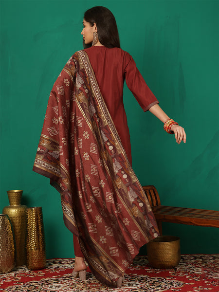 Women Maroon Silk Hand Work Yoke Solid Kurta with Trouser & Dupatta