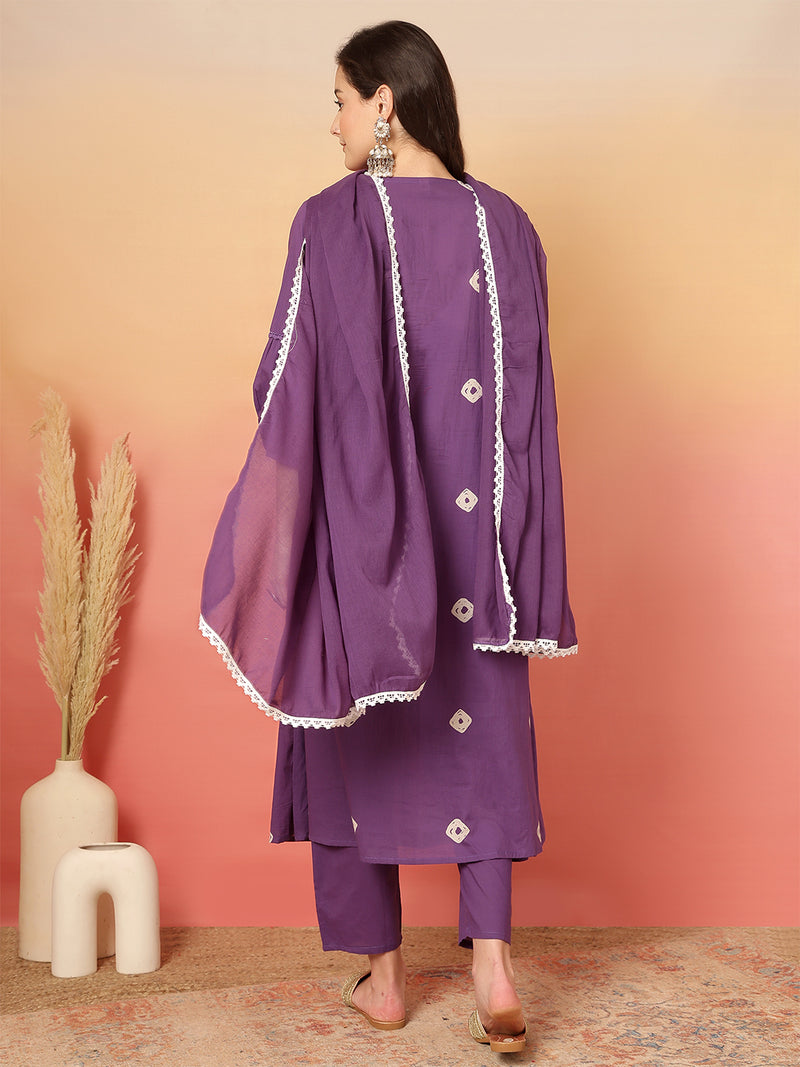 Women Cotton Purple Embroidery Anarkali Kurta with Trouser & Dupatta