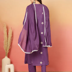 Women Cotton Purple Embroidery Anarkali Kurta with Trouser & Dupatta