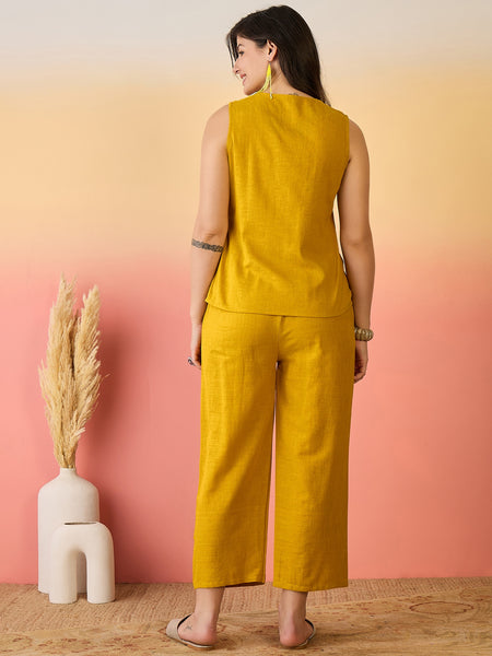 Women Cotton Mustard Embroidery Top With Trouser Co-ord Set