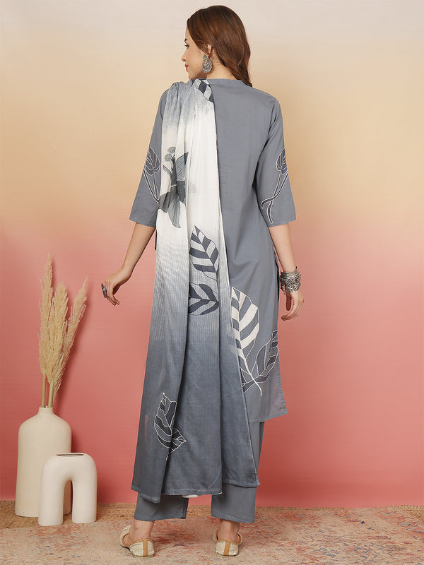 ANAISA Women Cotton Placement Print Straight Kurta with Trouser & Dupatta