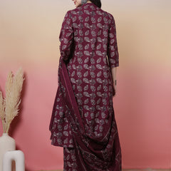 Women Green Floral Printed Hand Work Anarkali Kurta with Trouser & Dupatta