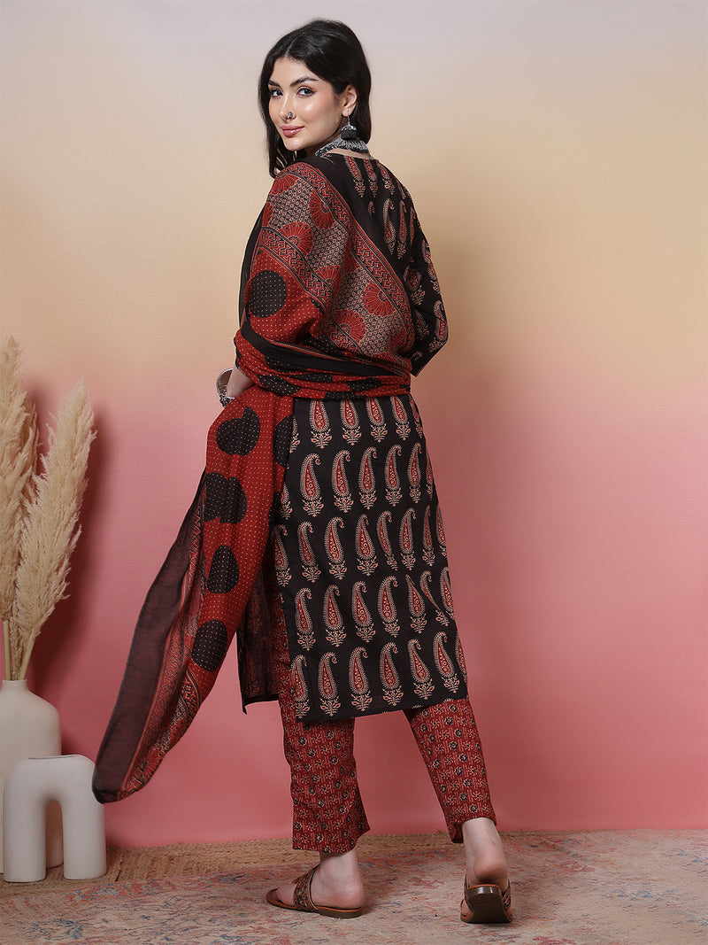 Women Black Block Printed Kurta with Trouser & Dupatta