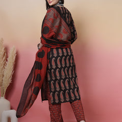 Women Black Block Printed Kurta with Trouser & Dupatta