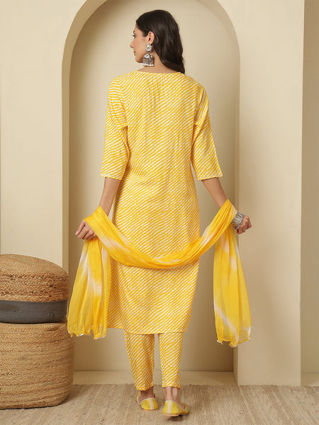 Women Cotton Yellow Printed Kurta with Trouser & Dupatta