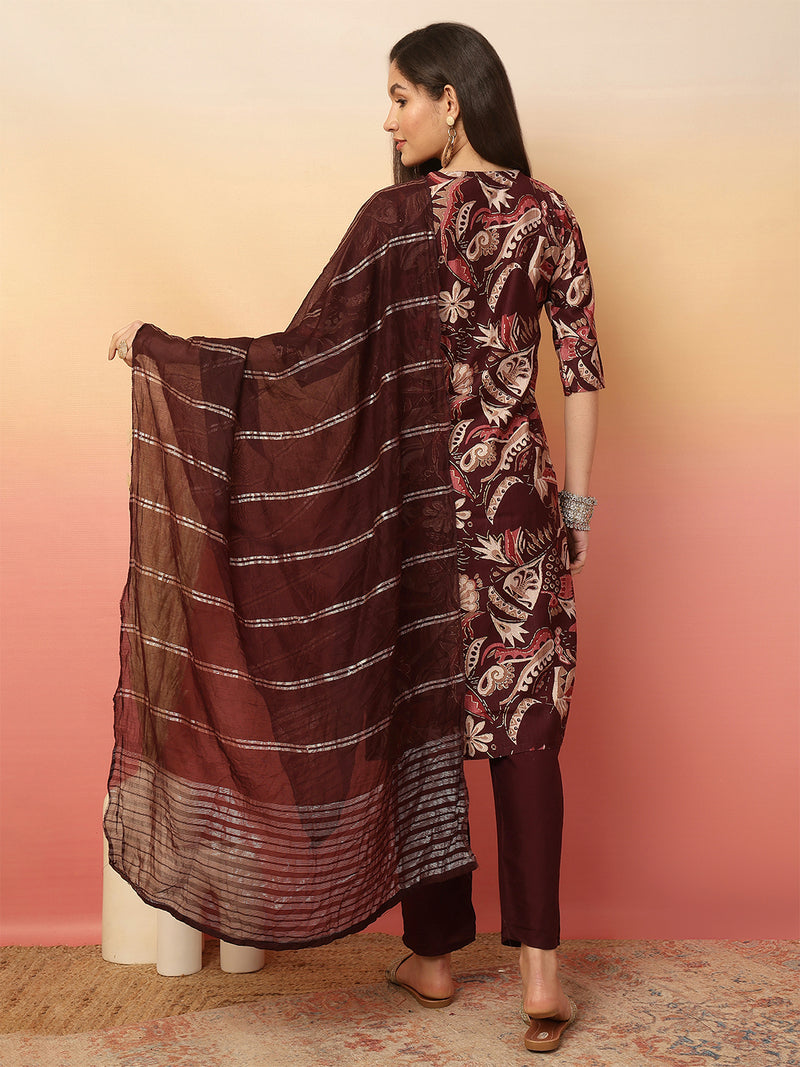 Women Wine Yoke Embroidery Kurta with Trouser & Dupatta