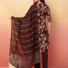 Women Wine Yoke Embroidery Kurta with Trouser & Dupatta