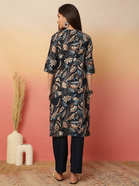 Women Blue Foil Printed Kurta with Trouser