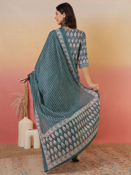 Women Grey Viscose Rayon Discharge Printed Kurta With Trouser & Dupatta