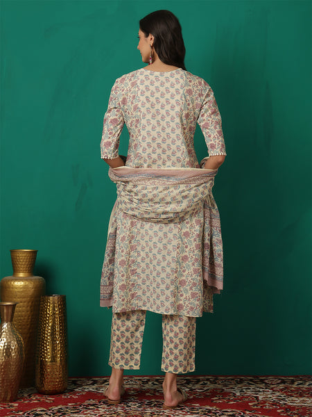Women Offwhite Cotton Printed, Round Neck, 3/4 Sleeves, Calf Length Kurta with Trouser & Dupatta