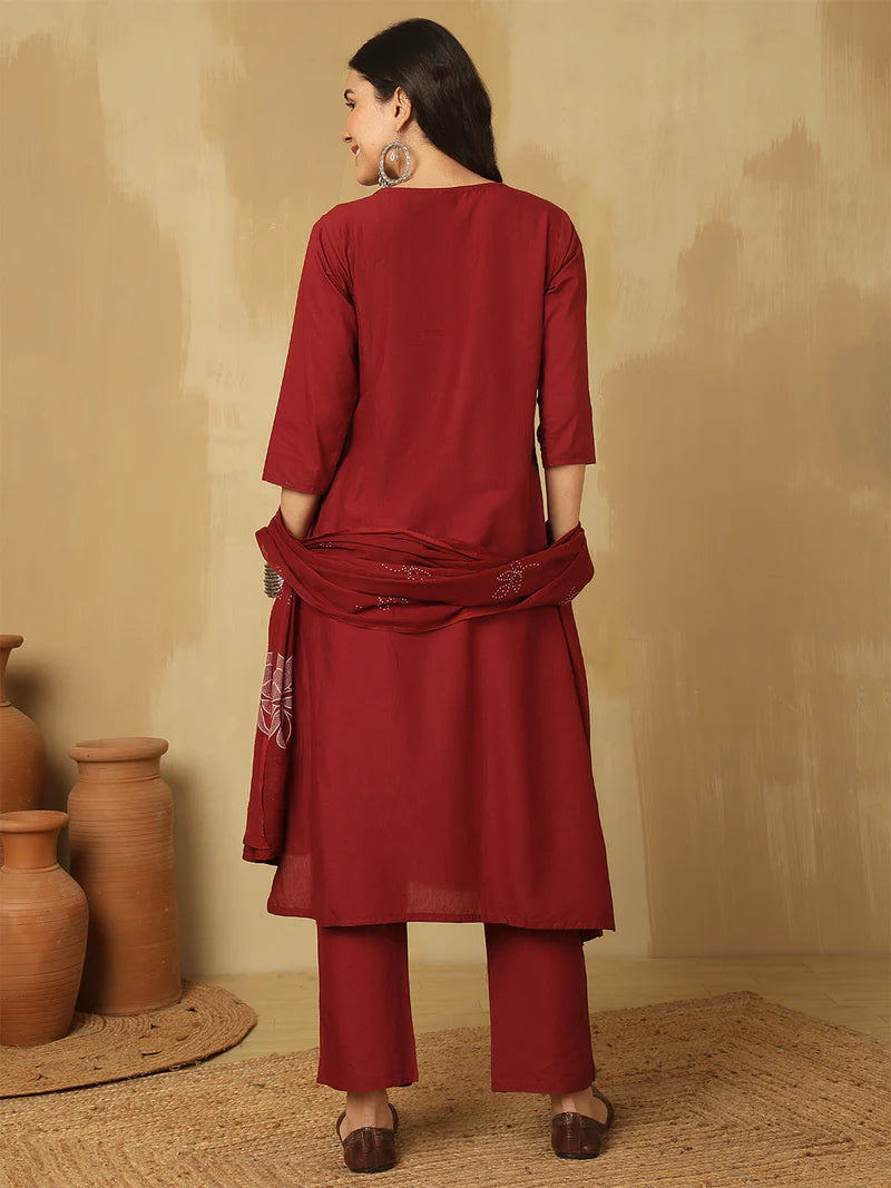Women Cotton Discharge Printed A-line Kurta with Trouser & Dupatta