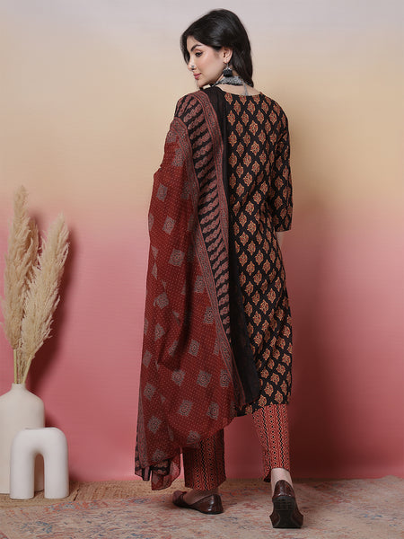 Women Black Cotton Hand Block Printed Kurta with Trouser & Dupatta