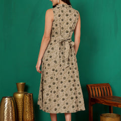 ANAISA Women Brown Printed Cotton Sleeveless, Collar Neck, Calf Length Midi Summer Dress