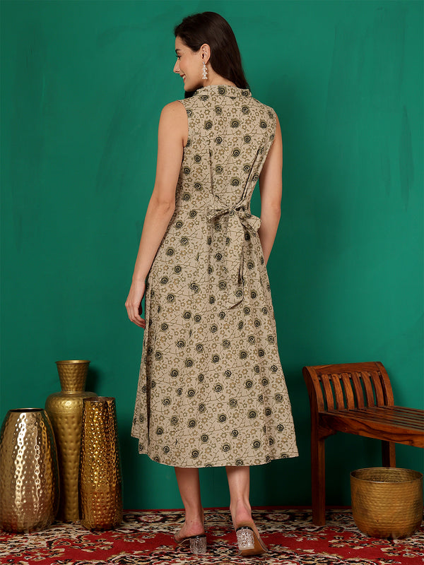 ANAISA Women Brown Printed Cotton Sleeveless, Collar Neck, Calf Length Midi Summer Dress