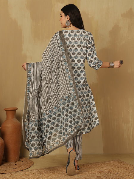Women Cotton Printed Straight Kurta With Trouser & Dupatta
