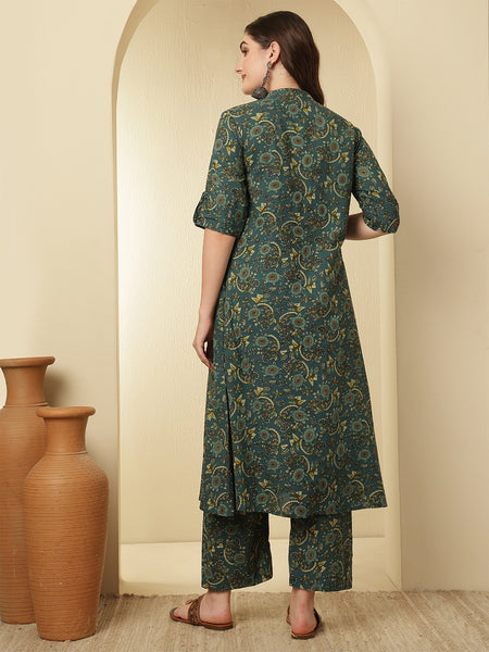 Women Green Cotton Flora Printed A-line Kurta with Trouser