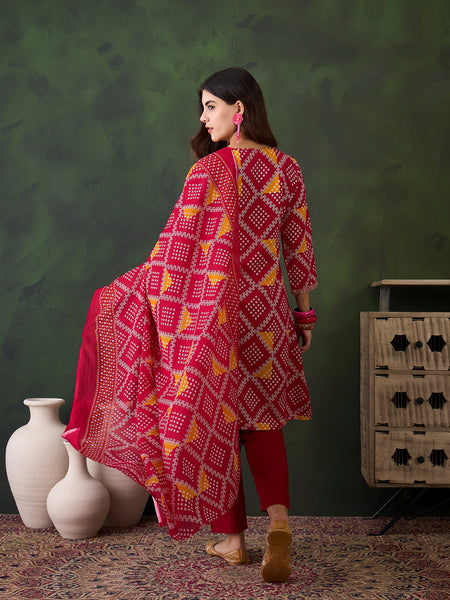 Women Pink Bandhani Printed Kurta With Trouser & Dupatta