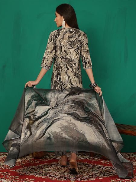 Women Black Yoke Embroidery Kurta with Trouser & Dupatta