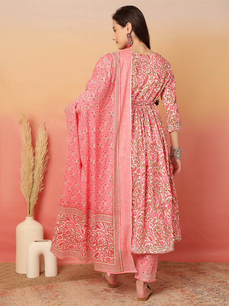 ANAISA Women Cotton Printed Round Neck, Gotta Work, Anarkali Kurta with Pant & Dupatta