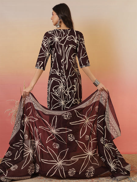 Women Abstract Printed Wine Kurta With Trouser & Dupatta