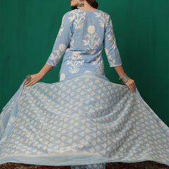 Women Iceblue Cotton Printed Round Neck Straight Kurta with Trouser & Dupatta