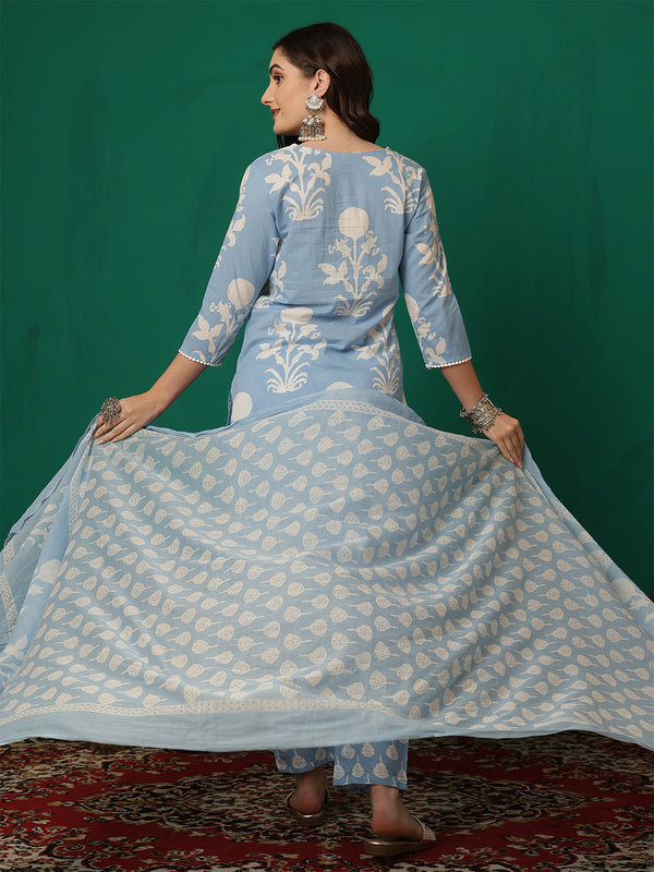 Women Iceblue Cotton Printed Round Neck Straight Kurta with Trouser & Dupatta