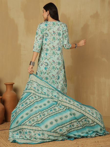 Women Blue Cotton Printed Kurta With Trouser & Dupatta