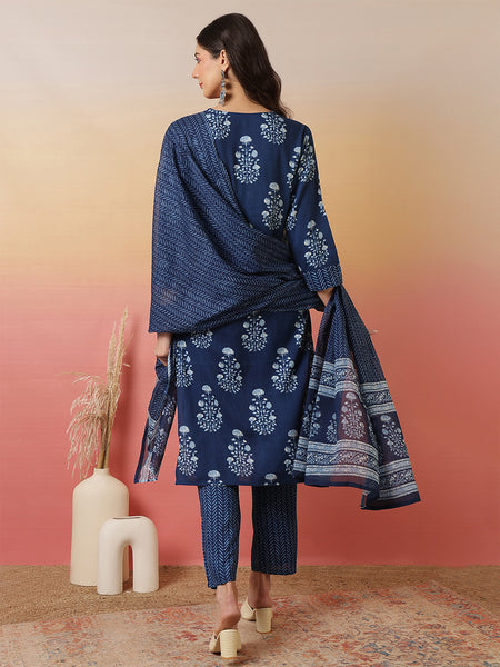 Women Blue Block Printed Front Slit Kurta With Palazzo Pant & Dupatta