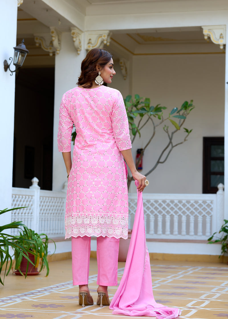 ANAISA Women cotton Schiffli embroidered Kurta with Trouser & Dupatta