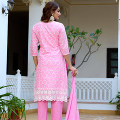 ANAISA Women cotton Schiffli embroidered Kurta with Trouser & Dupatta