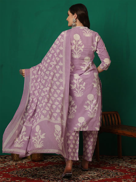 Women Cotton Printed Hand Work Yoke Kurta with Trouser & Dupatta