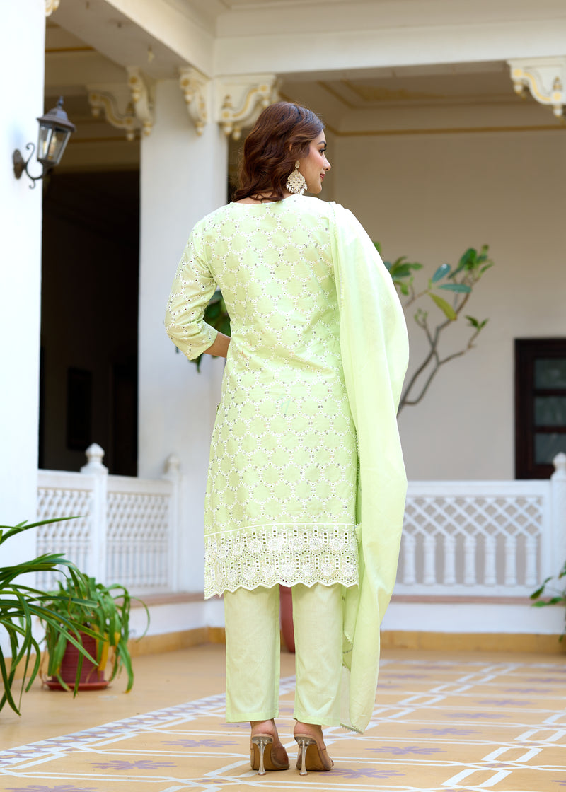 ANAISA Women cotton Schiffli embroidered Kurta with Trouser & Dupatta