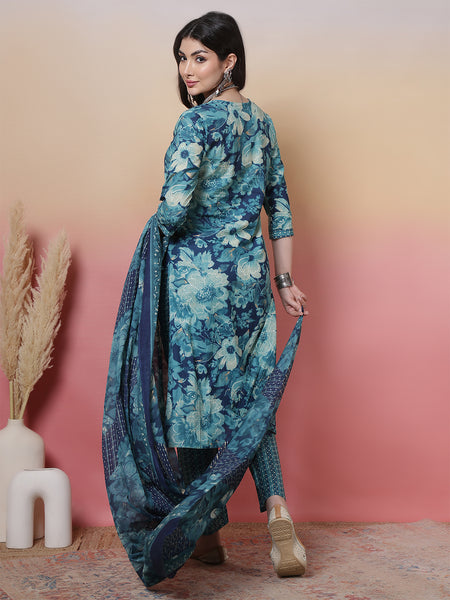 Women Blue Cotton Printed Hand Work Yoke Kurta with Trouser & Dupatta
