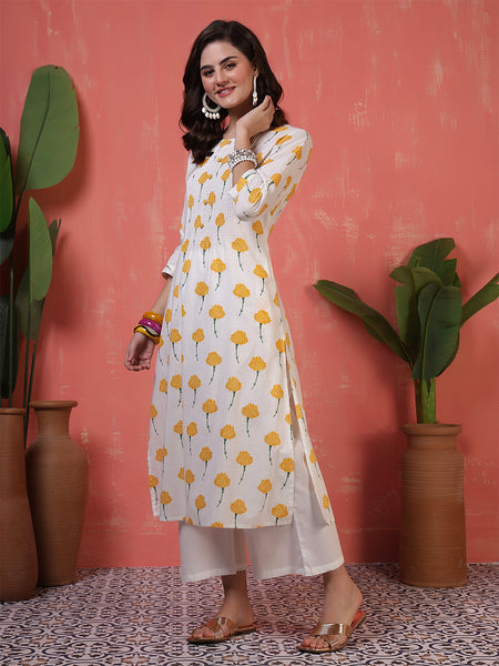 Women Cotton White & Orange Floral Printed A-line Kurta with Trosuer