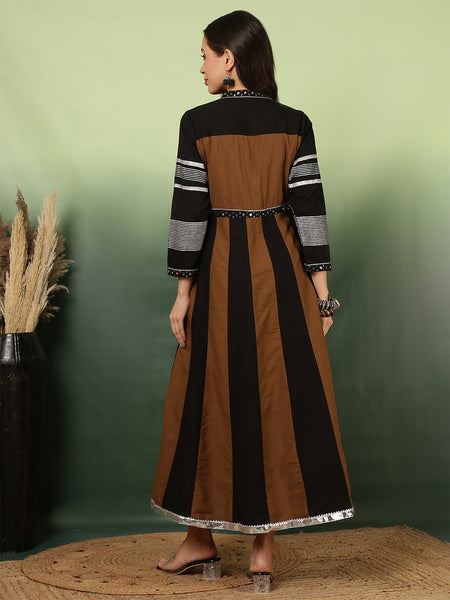 Women Cotton Brown A-line Long Dress
