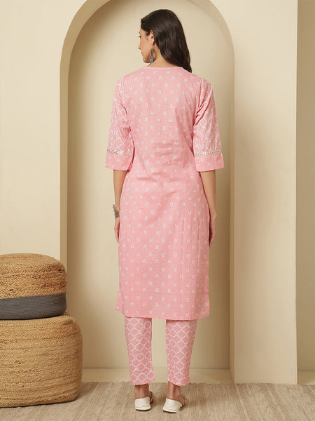Women Cotton Pink Printed Angrakha Kurta with Trouser