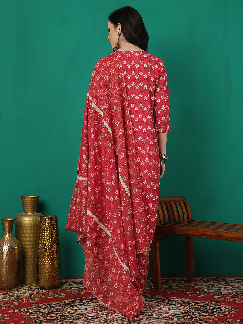 ANAISA Women Viscose Rayon Round Neck, Calf Length, Printed Kurta with Trouser & Dupatta