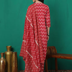 ANAISA Women Viscose Rayon Round Neck, Calf Length, Printed Kurta with Trouser & Dupatta