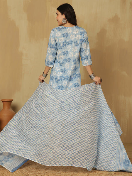 Women Blue Cotton Embroidery Kurta With Trouser & Dupatta