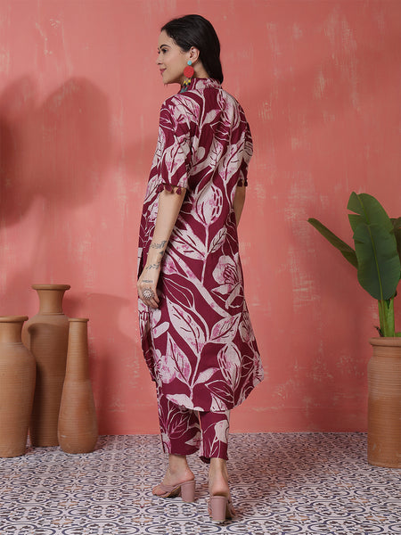 Women Purple Cotton Printed Kurta with Trouser Set